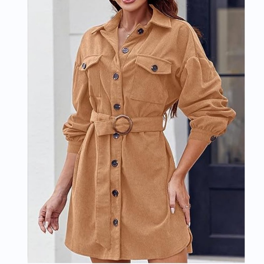 Fshaoes Women's Casual Corduroy Long Sleeve Belted Dresses Fall Button Down Shir